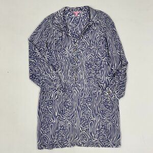 Blue & White Wave-Print Summer Shirt Dress / Cover-Up